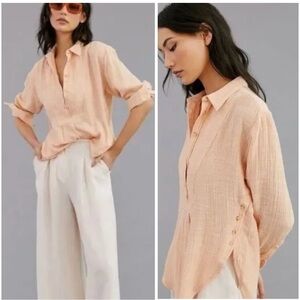 By Anthropologie Boho Gauzy 100% Cotton V-Neck Side Button Popover Blouse Top